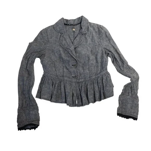 Free People XS Gray Ruffled Peplum Jacket Linen Blend - Picture 1 of 9